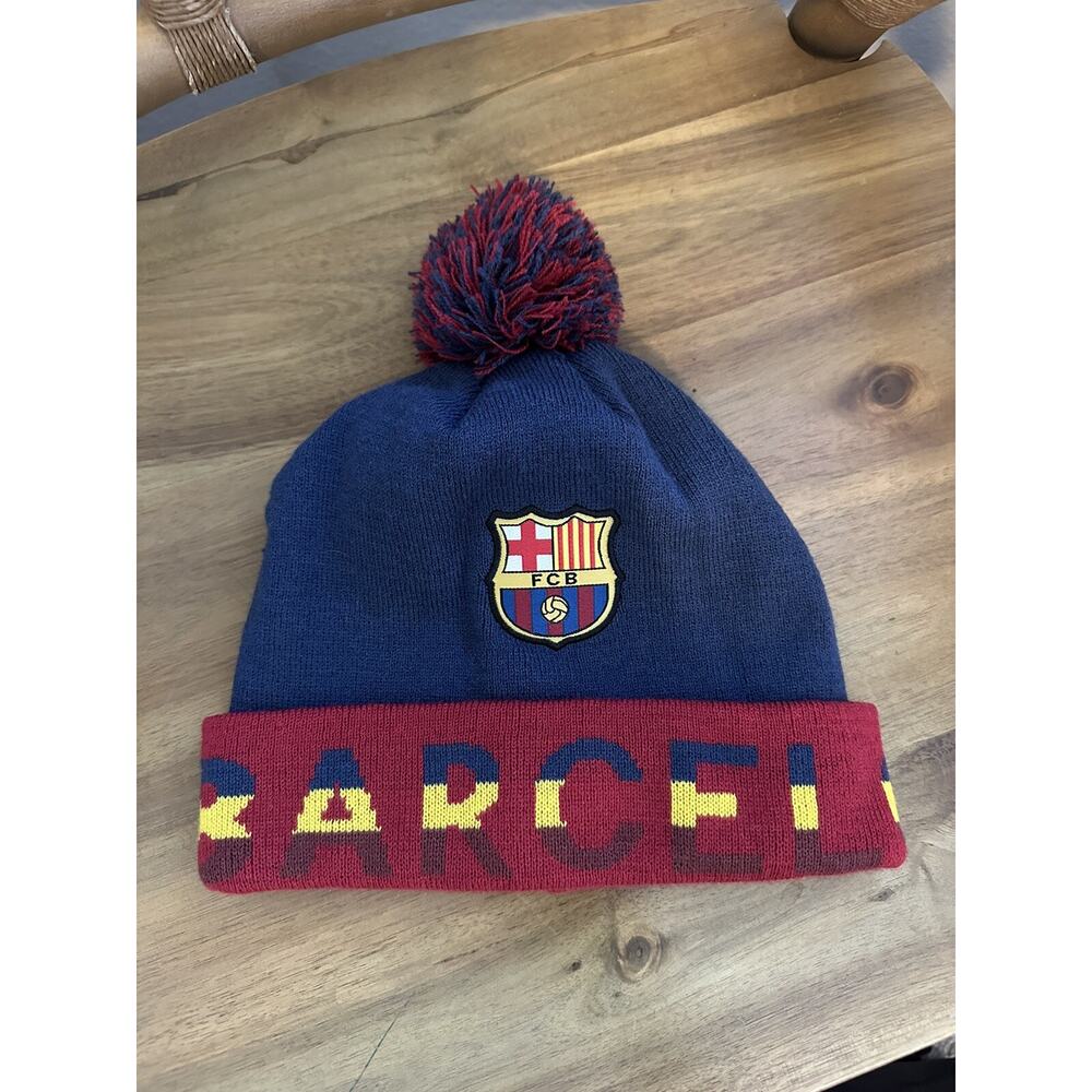 Vintage FC Barcelona Beanie Hat‎ Pom Knit Logo Football Soccer Wrap Around Text